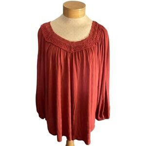 Style & Co Womens Large Red Blouse Boho Peasant Top Crochet Neckline Long Sleeve
